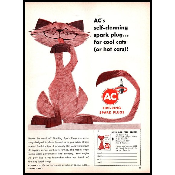 1965 AC Fire Ring Spark Plugs Vintage Print Ad Cool Cats Cartoon Drawing Art - Picture 1 of 1
